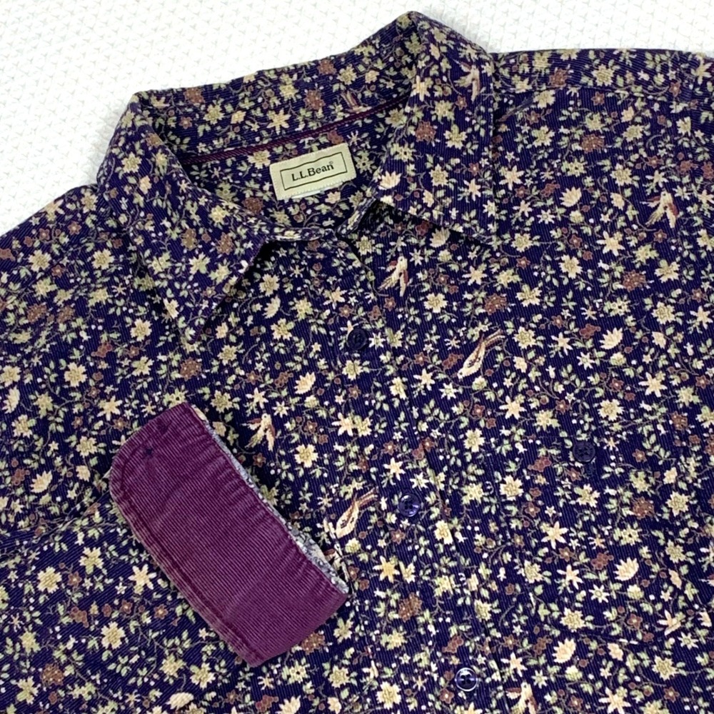 VTG 90s LL Bean Floral Chamois Flannel Shirt Womens Small Purple Corduroy Cuff